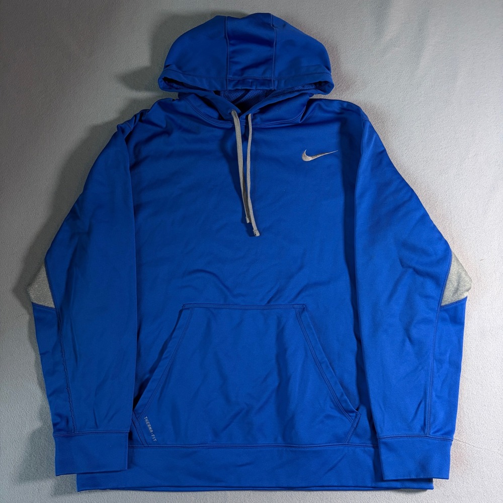 Nike Therma-FIT Mens XXL Hoodie Royal Blue Silver Swoosh Pullover Sweatshirt